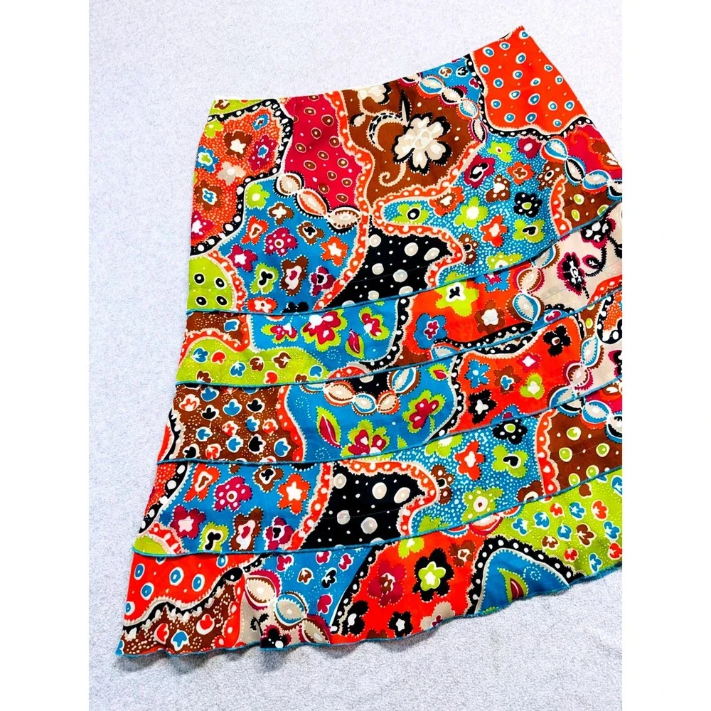Mainbocher Womens Size 14 Colorful Patchwork Tiered A-Line Skirt Boho Midi Flowy